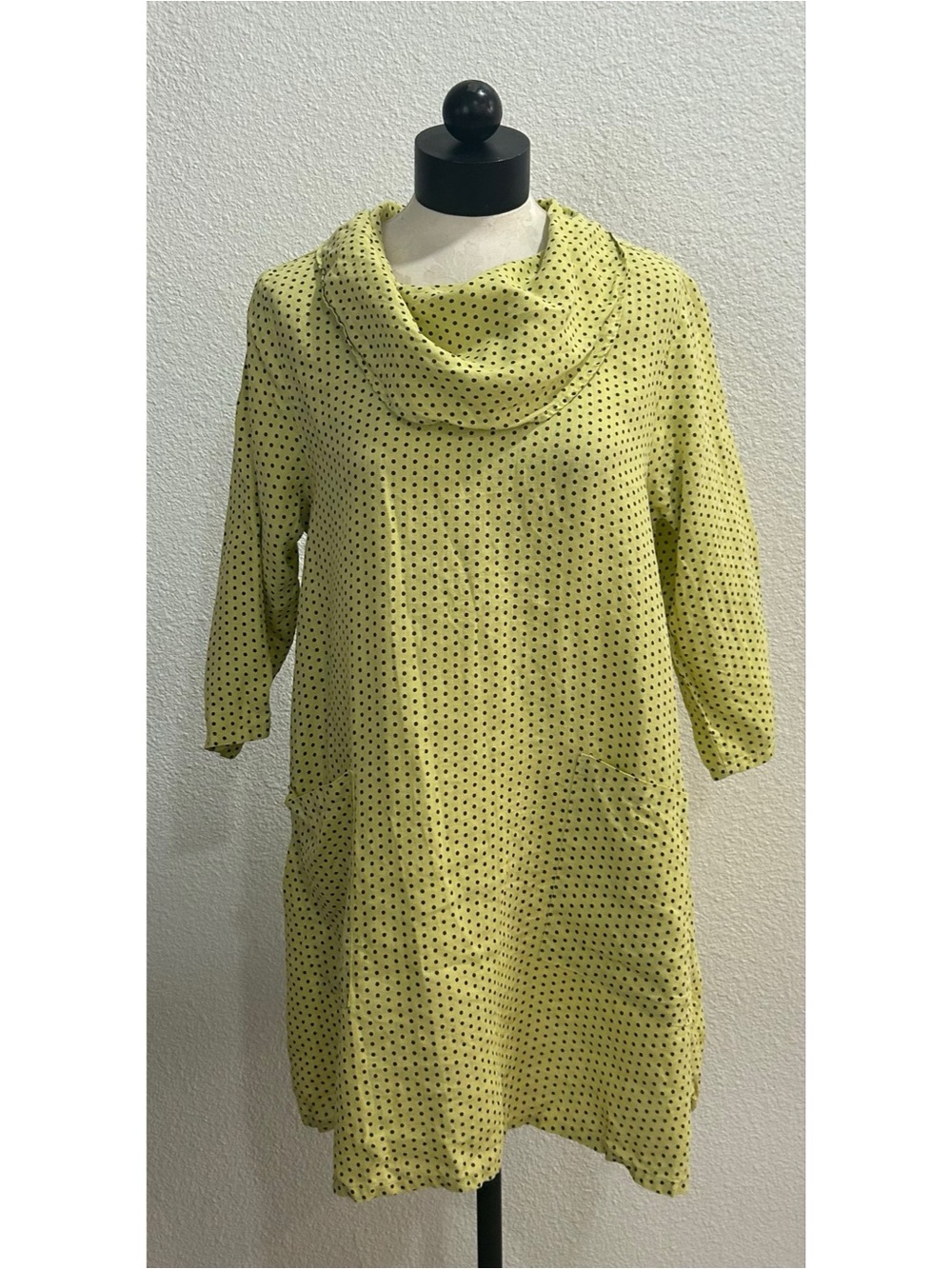 Women’s Tunic Top Dress Large Yellow Black Polka Dot Cowl Neck Pockets Lagenlook